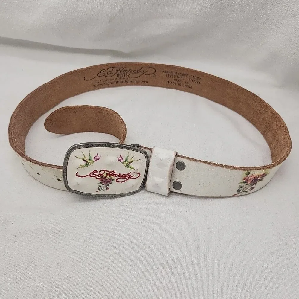 Belt Ed Hardy by Christian Audigier Womens Tattoo Graphic Studded Leather M